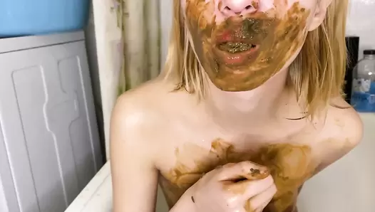 p00girl - Warm milk enema, poop in milk for breakfast and body skating