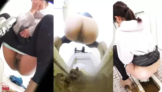 FF-260 02 Clogged public toilet peeping. Triple screen view
