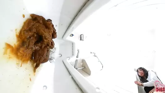 FF-090 02 Office ladies panicky shit piling. Clogged toilet