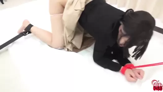 FF-539 02 Tied up girls receiving forced enema in doggy style position. Poop leaking inside the panties