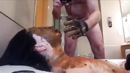 Scat slave pig smoking and eating turds