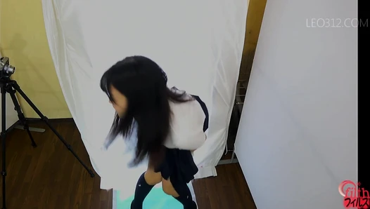 FF-383 02 Busy street. Opened door. White curtain. Girl, enema and defecation
