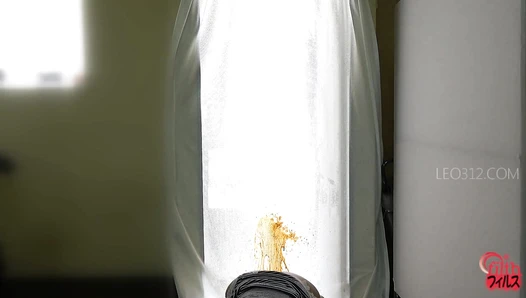 FF-383 02 Busy street. Opened door. White curtain. Girl, enema and defecation